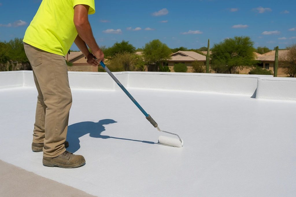 Roof coatings being applied to a flat roof in Mesa to protect against heat and sun damage